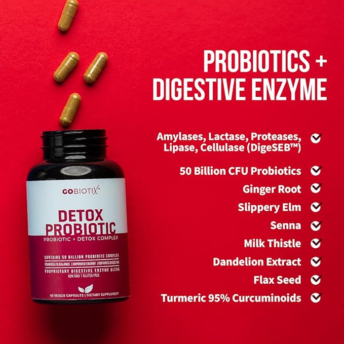 GOBIOTIX Detox Probiotic Supplement for Digestive Health - Milk Thistle, Turmeric, and Dandelion Root, Enzymes for Gut Health - 50 Billion CFU - 60 Capsules