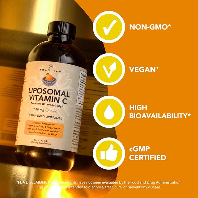 AMANDEAN Liposomal Vitamin C 1000mg. Liquid VIT C Supplement. Immune Support, Skin Health, Collagen Production. Fast Absorbing Antioxidant Delivery. Quali-C, Soy-Free, Vegan, Non-GMO.
