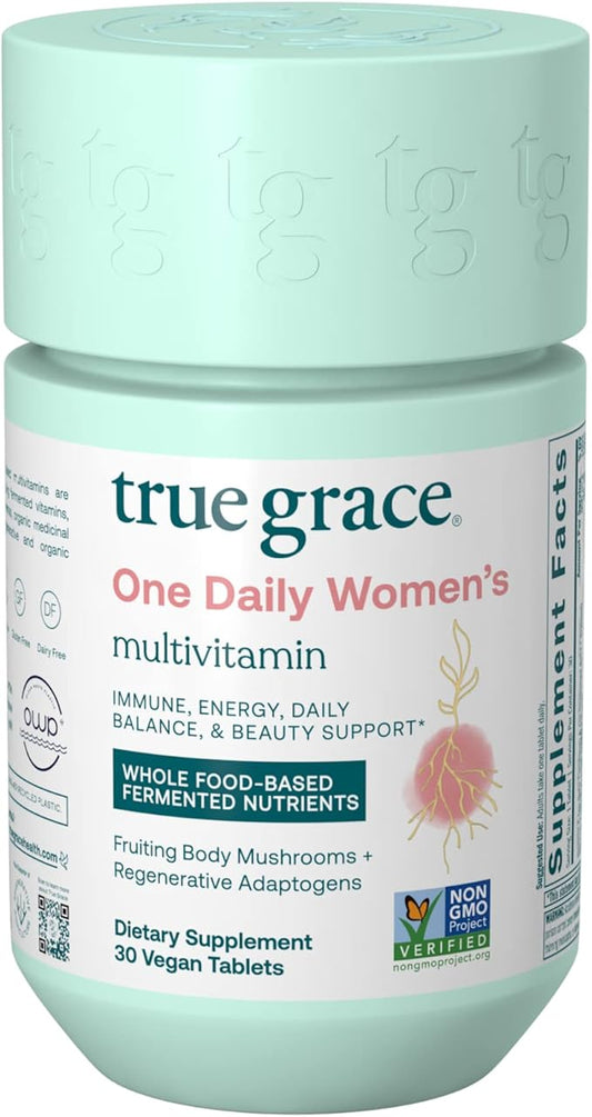 True Grace One Daily Women’s Multivitamin Fermented Minerals, Organic Adaptogens & Mushrooms Whole Body Balance, Immune, Energy, Beauty Support - Non-GMO, Gluten Free, Soy Free - 30 Vegan Tablets