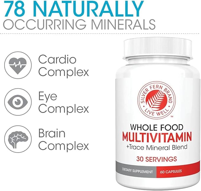 Silver Fern Whole Food Daily Multi Vitamin w/Trace Mineral Blend Supplement - 2 Bottles - 60 Vegicaps Each - 60 Day Supply - Natural, Non-GMO, Vegan, Multivitamin for Men & Women - Zero Synthetics