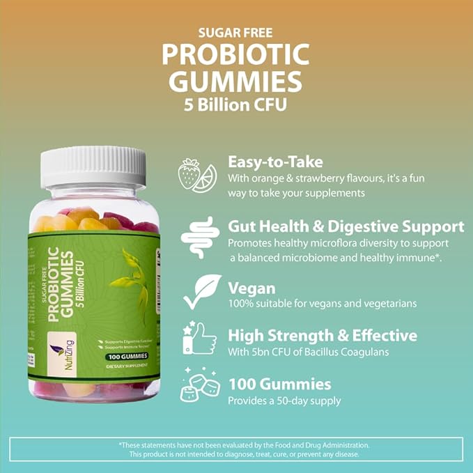 NutriZing Sugar Free Probiotic Gummies for Women & Men - Fruit Flavored Chewable Probiotic Gummy - Probiotics for Digestive Health - Immune Support & Gut Health Supplement - 100 Count, 5 Bn CFU