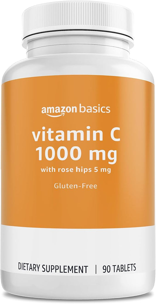 Amazon Basics - Vitamin C, 1000 mg with Rose Hips 5mg, 90 tablets (1 per serving), Gluten Free