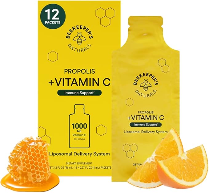 Propolis Liposomal Vitamin C by Beekeeper's Naturals, 1000mg Vitamin C, Propolis & Organic Honey, Supercharged Immune Support & Increased Bioavailibity for Max Absorption, 12 Ct