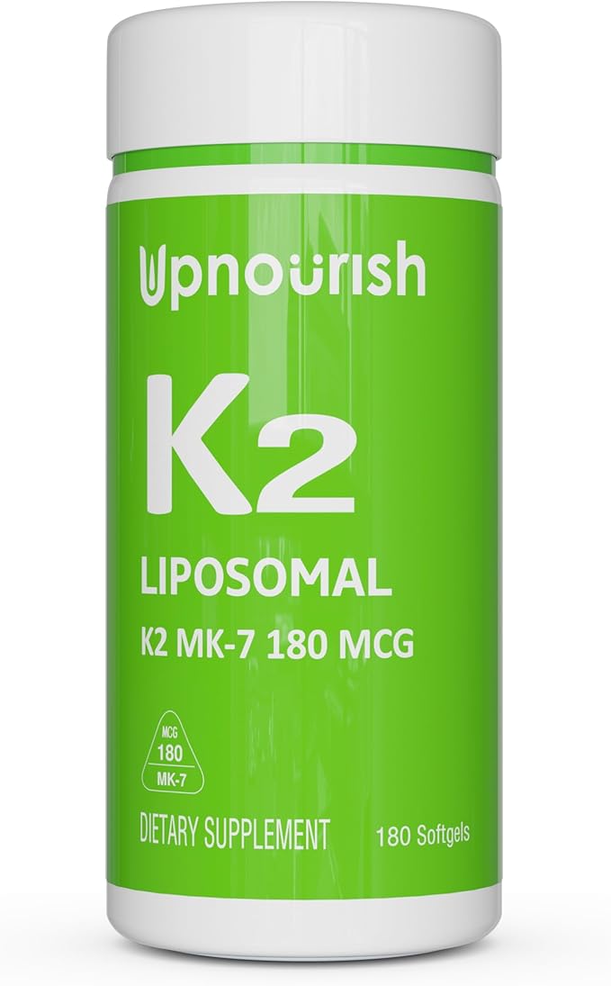 UpNourish Liposomal Vitamin K2 MK7 180 mcg - 180 K2 Vitamin Supplement Softgels for Women and Men - VIT K2 MK-7 with High Absorption