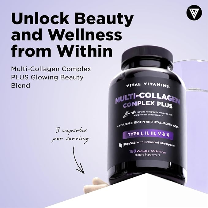 Vital Vitamins Multi Collagen Plus (2-Pack) - with Biotin, Hyaluronic Acid, Vitamin C - Type I, II, III, V, X - for Women & Men - Hair, Skin, Nails Beauty Complex - 300 Capsules
