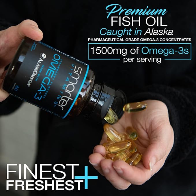 (3 Pack) Smarter Omega 3 Fish Oil, Berry Flavor, Burpless, Tasteless, 2000mg, DHA EPA Triple Strength Brain, Made with AlaskOmega®