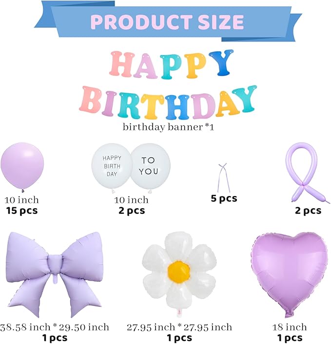 FBQ Giant Purple Bow Flower Foil Balloons Heart Foil Balloons latex Balloon Kit Holiday Theme Birthday Party Baby Shower Girl Tea Party Decorations Supplies