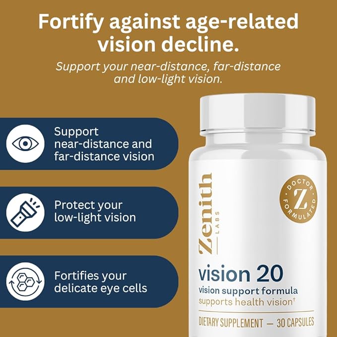 Zenith Labs Vision 20 Eye Vitamins - Lutein, Zeaxanthin, and Bilberry Extract - Supports Eye Strain, and Eye Health - Carotenoid Blend