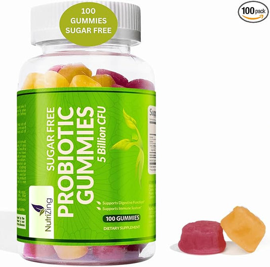 NutriZing Sugar Free Probiotic Gummies for Women & Men - Fruit Flavored Chewable Probiotic Gummy - Probiotics for Digestive Health - Immune Support & Gut Health Supplement - 100 Count, 5 Bn CFU