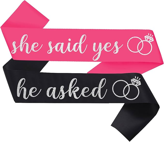 2 Pcs She Said Yes and He Asked Sashes Bride to Be Sash Groom to Be Sash for Wedding Engagement Bachelorette Bridal Shower Party Decorations,Hot Pink Silver