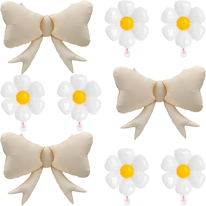 FBQ 6 Pcs White Daisy Flower Balloons and 3 Pcs White Bow Foil Balloon Flower Theme Girls Birthday Baby Shower Wedding Party Decorations(9 Pcs)