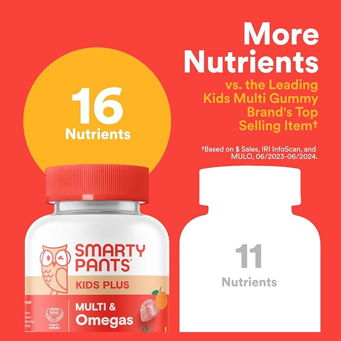 SmartyPants Kids Multivitamin Gummies - Improved Formula: Omega 3 (DHA/EPA), Vitamins D3, C, B12, B6, Vitamin A, K & Zinc, Gluten Free, Three Fruit Flavors, 60 Count (30 Day Supply)