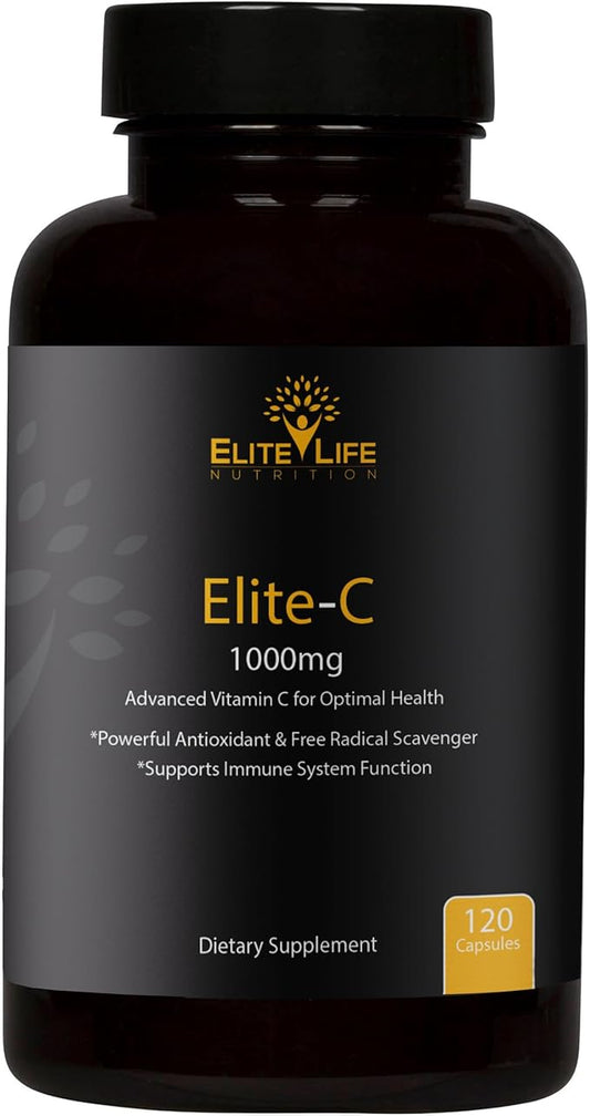Elite-C – 1000mg of Pure, Non-Acidic Vitamin C – Buffered, High-Absorption, USA-Sourced & Made – Grape Seed, Rosehip, Rutin, Acerola – Clean, Non-GMO, Bioavailable Immune Support, 120 Capsules