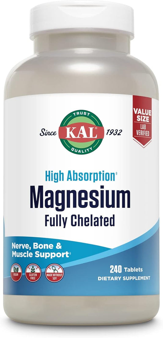 KAL Magnesium Glycinate Tablets, Fully Chelated, High Absorption Formula with Magnesium Bisglycinate Chelate for Nerve, Muscle & Bone Health Support, Vegan, Gluten Free, Value Size, 240 Tablets