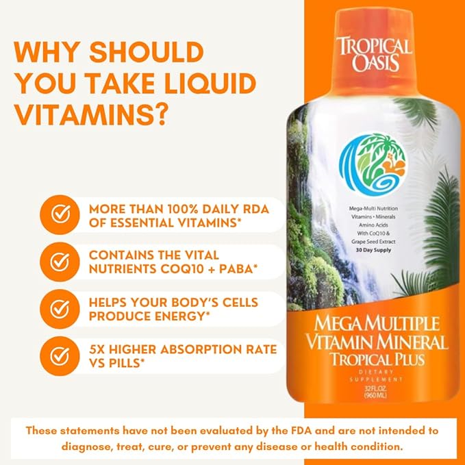 Tropical Oasis Mega Plus - Liquid Multivitamin and Mineral Supplement – Includes 85 Vitamins & Minerals, 20 Amino Acids + CoQ10, Grape Seed Extract & Organic Aloe Vera - 32oz, 32 Servings, 33460
