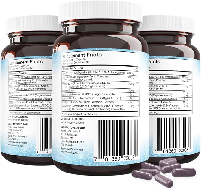 Vision Alive Max with 8 Natural Ingredients Lutemax® 2020, Bilberries, Blueberries, c3g from Black Currant, Maqui Berry, Saffron, and Astaxanthin (30 Count (Pack of 3))
