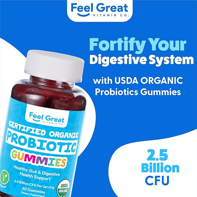 Feel Great USDA Probiotic Gummies for Adults and Kids - 2.5 Billion CFU (30 Day) | Immune Support and Digestive Health | Clinically Studied DE111 - Bacillus subtilis