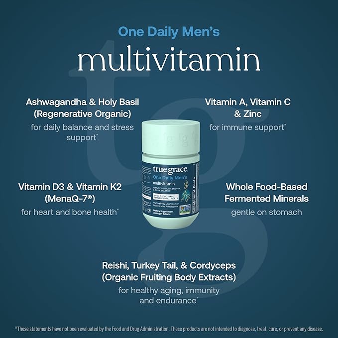 True Grace One Daily Men’s Multivitamin Fermented Minerals, Organic Adaptogens & Mushrooms Whole Body Balance Immune, Endurance, Bone & Heart Support - Non-GMO, Gluten Free - 30 Vegan Tablets