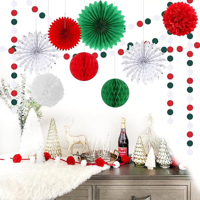 Red-Green White Christmas Party-Decorations - 33pcs Banner,Mexico Italy Streamers Tassel Garland,Tissue Pom Poms Honeycomb,Paper Lantern Fans,Mexican Italian Birthday Wedding Baby Shower Decor Hugtmr