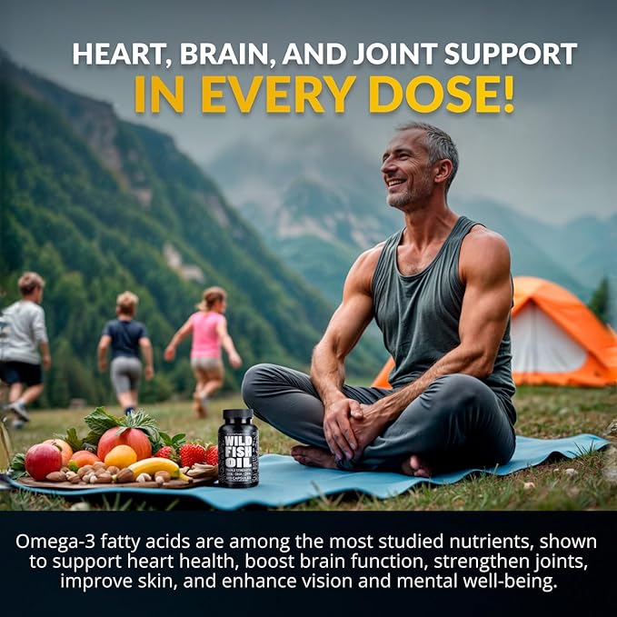 Wild Foods Fish Oil Omega 3 Supplements | 1600 mg | Highly-Potent: DPA, DHA, EPA | Burpless, Odorless, Non-GMO, Gluten Free | For Brain & Heart Health, Joint Support | 60 Capsules (1 pk) | 30 Servings