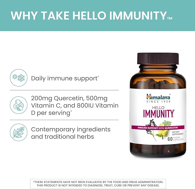 Himalaya Hello Immunity with Quercetin, 60 Day Supply - Herbal Immune Support Supplement, Bioflavonoid and Antioxidant for Immunity and Daily Wellness - Vegan, Non-GMO, Gluten Free, 500 mg, 60 Caplets