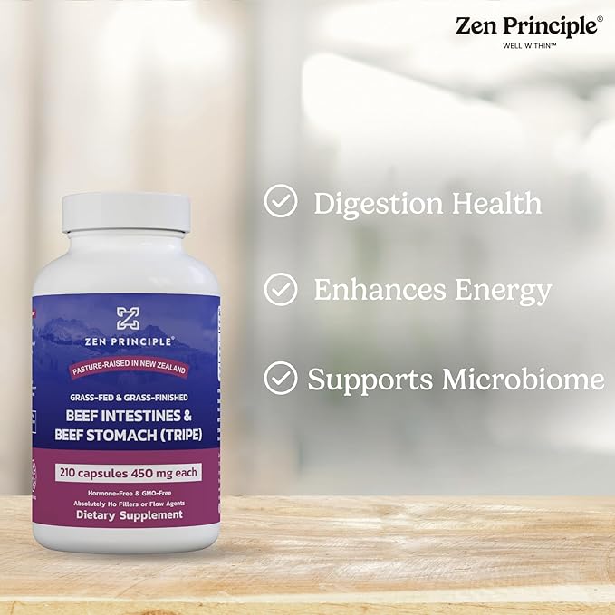 Zen Principle Grass Fed Beef Intestines with Stomach (Tripe) Supplement, Supports Digestive Health and Gut Balance, Supports Acid Reflux Balance, Natural Intestine Wellness, 210 Capsules