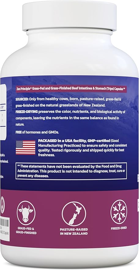 Zen Principle Grass Fed Beef Intestines with Stomach (Tripe) Supplement, Supports Digestive Health and Gut Balance, Supports Acid Reflux Balance, Natural Intestine Wellness, 210 Capsules