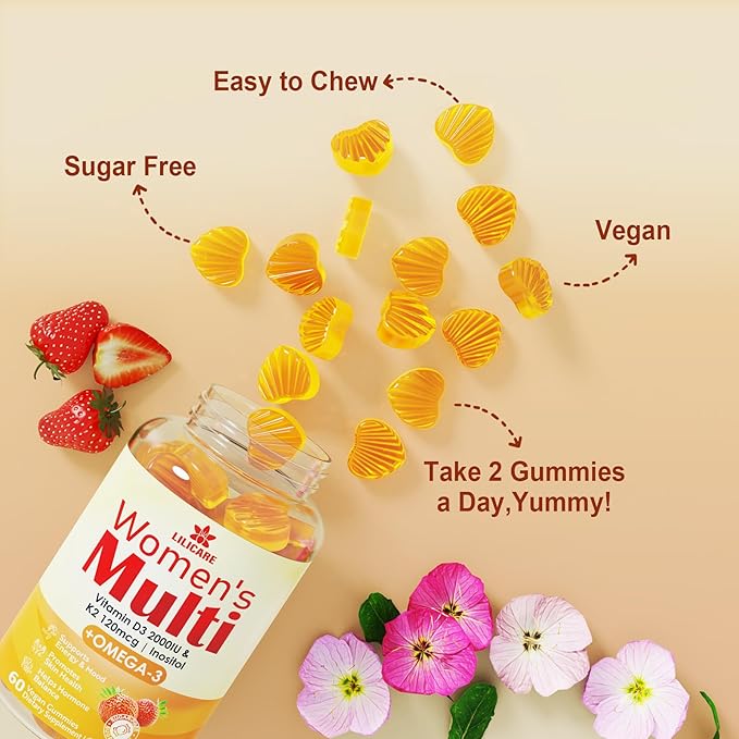 Womens Multivitamin Gummy with Omega 3(DHA/EPA), Vitamin D3 K2, Calcium, Inositol, Daily Womens Vitamin A C E B Complex, L-MethylFolate, Methyl B12,Sugar Free Methylated Multivitamins Minerals, 120Cts