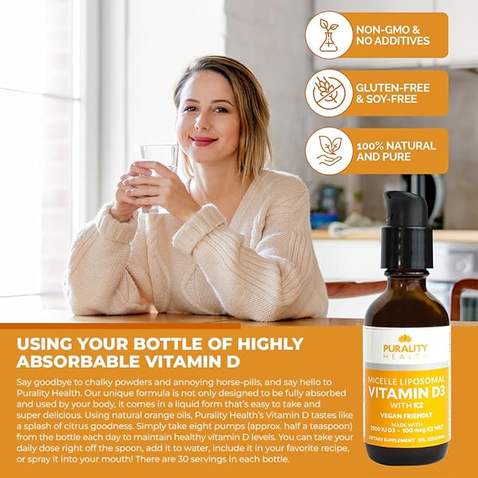 Vitamin D3 with K2 Liquid Supplement, Vegan, Micelle Liposomal Enhanced Absorption, Non-GMO, 30 Day Supply