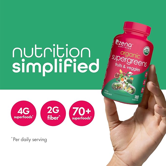 Zena Nutrition Organic Super Greens Fruit & Veggies Supplement, 70+ Superfoods from Fruit & Vegetables, 3g Fiber, Spirulina, Chlorella, Prebiotics & Probiotics, Digestive Enzymes, 180 Capsules