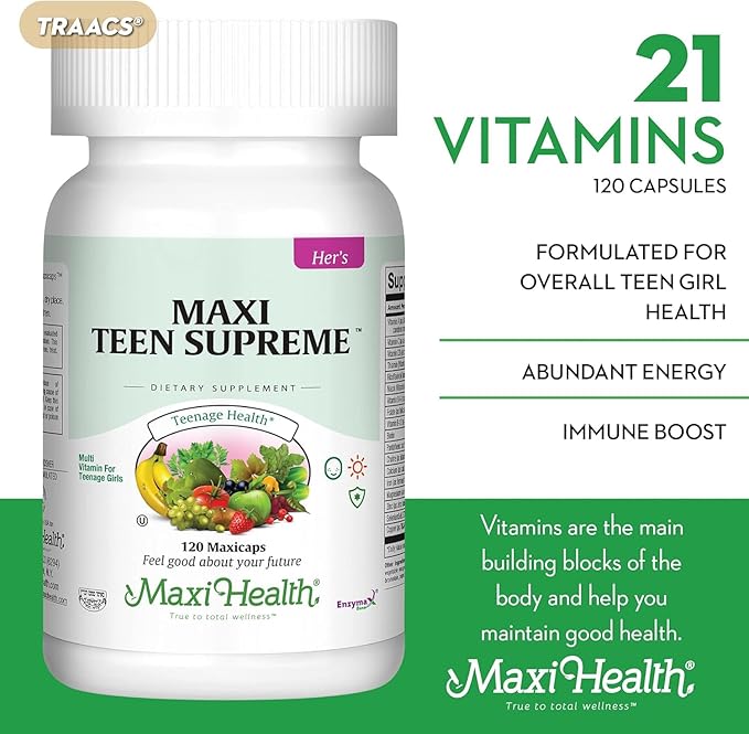 Teen Vitamins for Girls 12-17 - Teen Multivitamin D3, Iron, Calcium, Biotin, Zinc, Digestive Enzymes – Teenager Girl Multi Vitamins for Healthy Skin, Immune & Mood Support – 120 Count