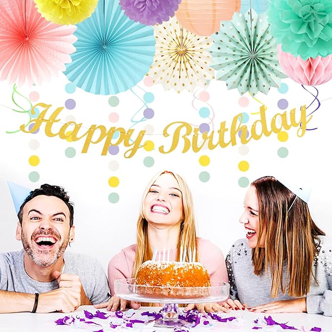 Pastel-Rainbow Classroom Girls Birthday Party-Decorations - 21pcs Happy Banner Decor, Colorful Paper Streamers Lanterns,Tissue Pom Poms Fan,Hanging Honeycomb Garland, Two Sweet Easter Supplies Huglony