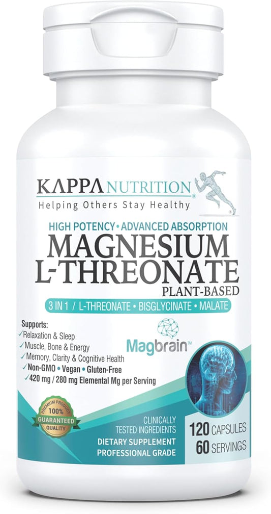Kappa Nutrition Magbrain™ Magnesium L-Threonate Plant-Based, 420mg Elemental Magnesium (3 Capsules) from 2,253mg, 120 Vegan Capsules, Brain, Sleep & Muscle Support.