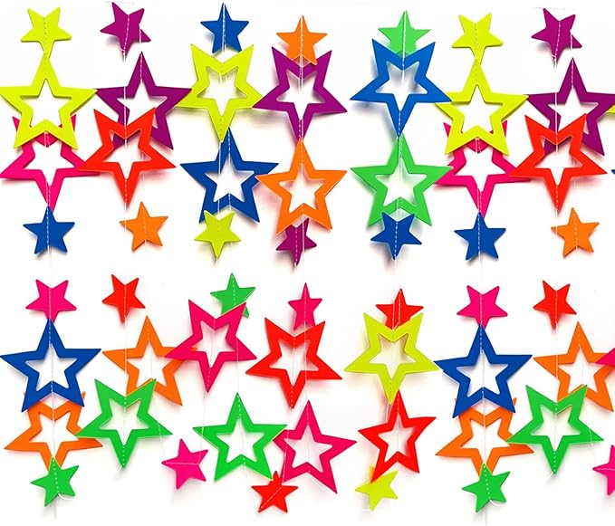 126feet UV Paper Garland Hollowed Star Neon Streamers Black Light Decorations Glow Party UV Reactive Party Favors Glow in The Dark Supplies and Decorations Wedding Birthday Banner