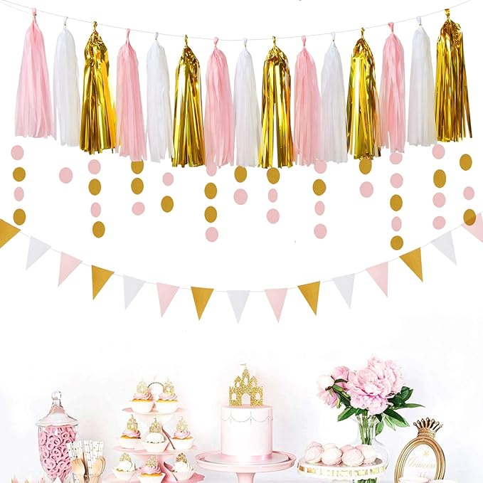 Pink-White Gold Girl Birthday Party-Decorations - 23pcs Kits Tissue Paper Pom Poms Streamers,Princess Banner Flags,Bachelorette Baby Bridal Shower Engagement Decoration Tassel Garland Lasting Surprise
