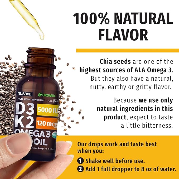 (2 Pack) Organic Vitamin D3 K2 Drops with MCT Oil, Omega 3, 5000 IU - Vitamin D Liquid, No Fillers, Non-GMO D3 for Body’s Defenses and Faster Absorption, Unflavored, 2 Fl Oz