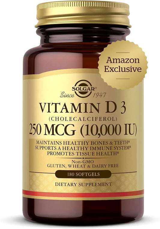 Solgar Vitamin D3 Cholecalciferol 250 MCG 10000 IU Softgels Helps Maintain Healthy Bones Teeth Immune System Support Non-GMO Gluten, Dairy Free Servings, 180 Count