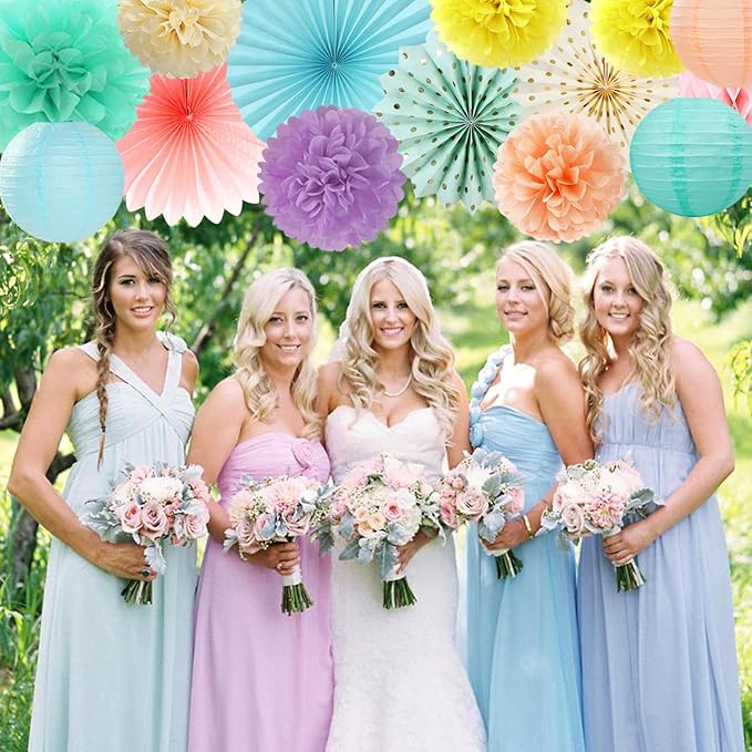 Pastel Rainbow Party-Decorations - 20pcs Pink Yellow Blue Classroom Ceiling Paper Lanterns Fans ,Girl Birthday Tissue Pom Poms,Honeycomb Balls,Bunting,Baby Shower Bridal Wedding Decor Burgleda