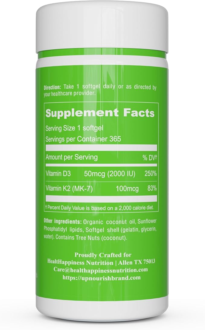 UpNourish Liposomal Vitamin D3 K2 2000 IU with K2 MK-7 100 mcg - 365 Vitamin D3 k2 (Vitamina D3 con K2) Mini Softgels with Organic Coconut Oil - Easy to Swallow K2 D3 Vitamin Supplement