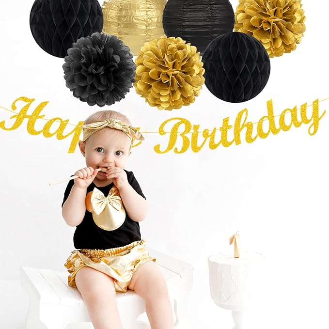 Black Gold Women-Men Birthday Party-decorations - 21pcs Happy Banner,Paper Streamers Lanterns Honeycomb,Tissue Pom Poms Fan,Classroom Birthday Supplies Decor Huglony