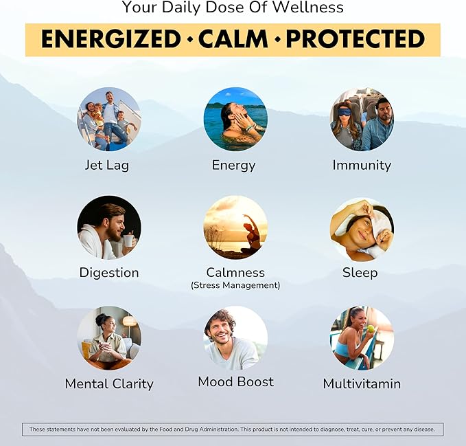Travel Vitamin Supplement for Flight and Daily, Jet Lag, Energy, Immune, Digestion Support, Promote Calmness with Ashwagandha, Rhodiola, Chia & D3 for Better Sleep & Mood | Vegan, 60 Count