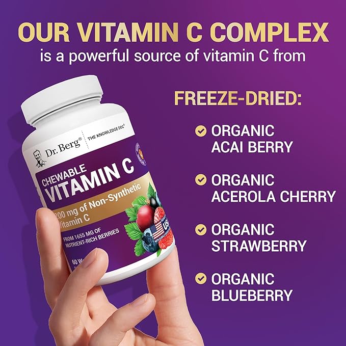 Dr. Berg Chewable Vitamin C Complex - Made with Organic, Non-GMO Berries - 60 Delicious Wafers