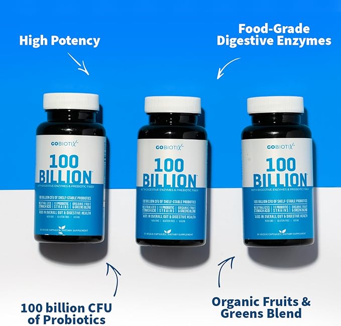 GOBIOTIX 100 Billion - Digestive Enzymes Supplement - Probiotics Multivitamin - Prebiotic Fiber Blend - 100 Billion CFU - Organic Fruit and Greens Blend - Vegan, Non GMO - 30 Capsules