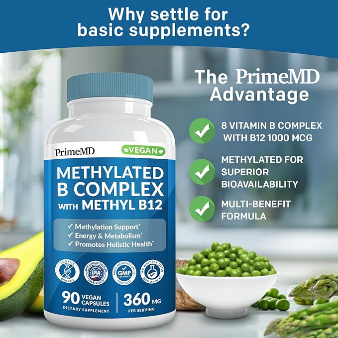Methylated B Complex with Methylfolate and B12 Methylcobalamin 1000 mcg - Methylated Multivitamin for Energy, Brain Function, and Wellness - Vitamin B Complex for Men & Women (180 Servings, Pack of 2)