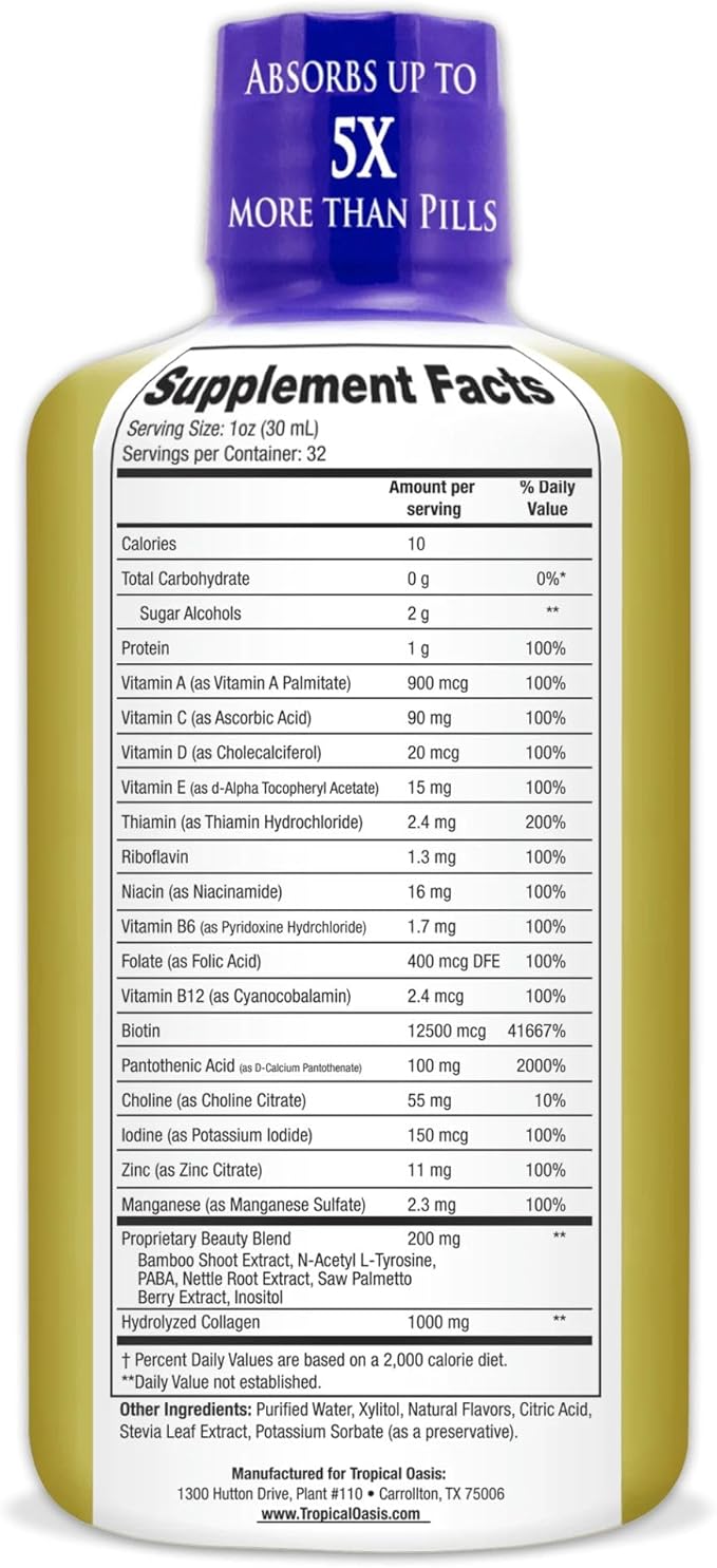 Tropical Oasis - Liquid Beauty | Supplement for Hair, Skin, & Nail Growth - Biotin + Hydrolyzed Collagen (32 Servings)