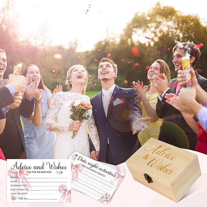 50Pcs Wedding Pink Bow Advice and Wishes Cards Box for The Mr and Mrs Wedding Bridal Shower Engagement Party Games Decorations for Reception