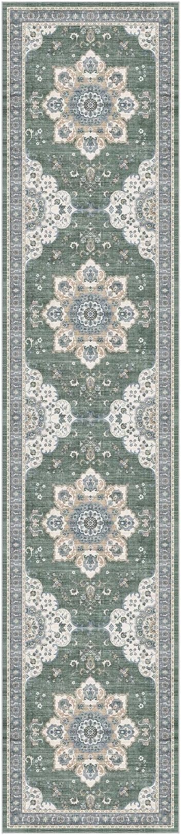 Area Rug for Living Room - 3x14 Soft Washable Oriental Vintage Floral Distressed Large Carpet - Fade Stain Resistant Non Slip Rugs for Bedroom Dining Room Nursery Dorm Office Home Decor - Green