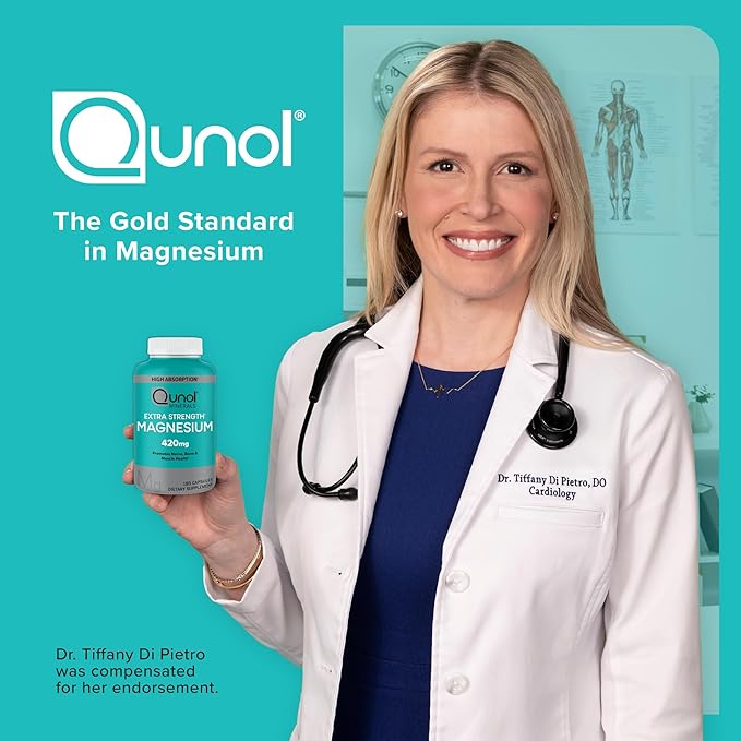 Qunol Magnesium Capsules 420mg, 100% DV, High Absorption Magnesium Supplement, Extra Strength, Bone and Muscle Health Supplement, 180 Count