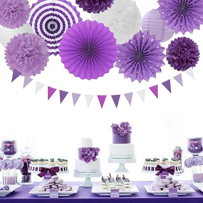 Lavender-Purple White Graduation Party Decorations - 20pcs Paper Lanterns Fans,Tissue Pom Poms,Honeycomb Balls,Birthday Wedding Bridal Baby Shower Engagement Bachelorette Decor Burgleda