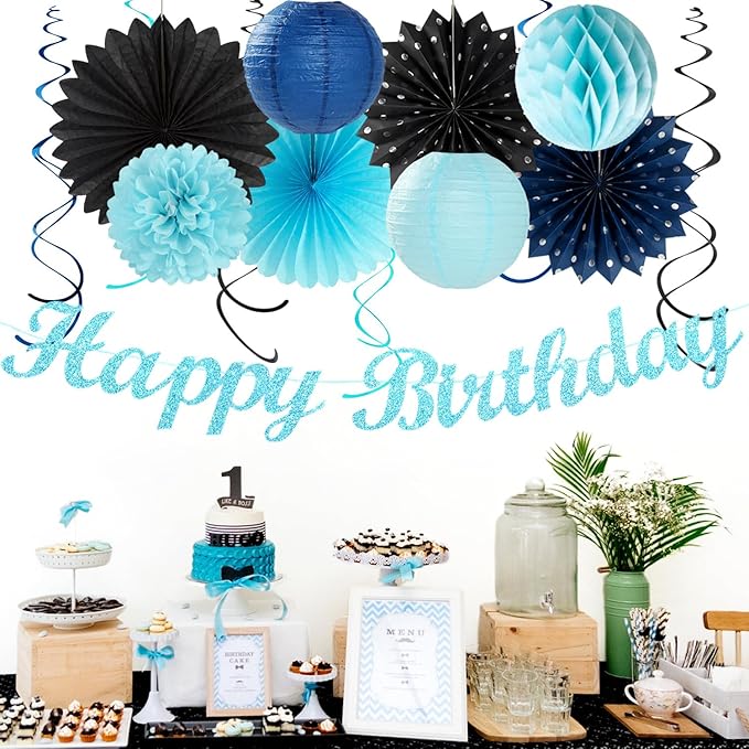 Light-Royal Navy-Blue Black Birthday Party-decorations - 21pcs Boys Men Happy Banner,Paper Streamers Lanterns Honeycomb,Tissue Pom Poms Fan,Adult Supplies Decor 16th 20th 40th 45th 50th 60th Huglony